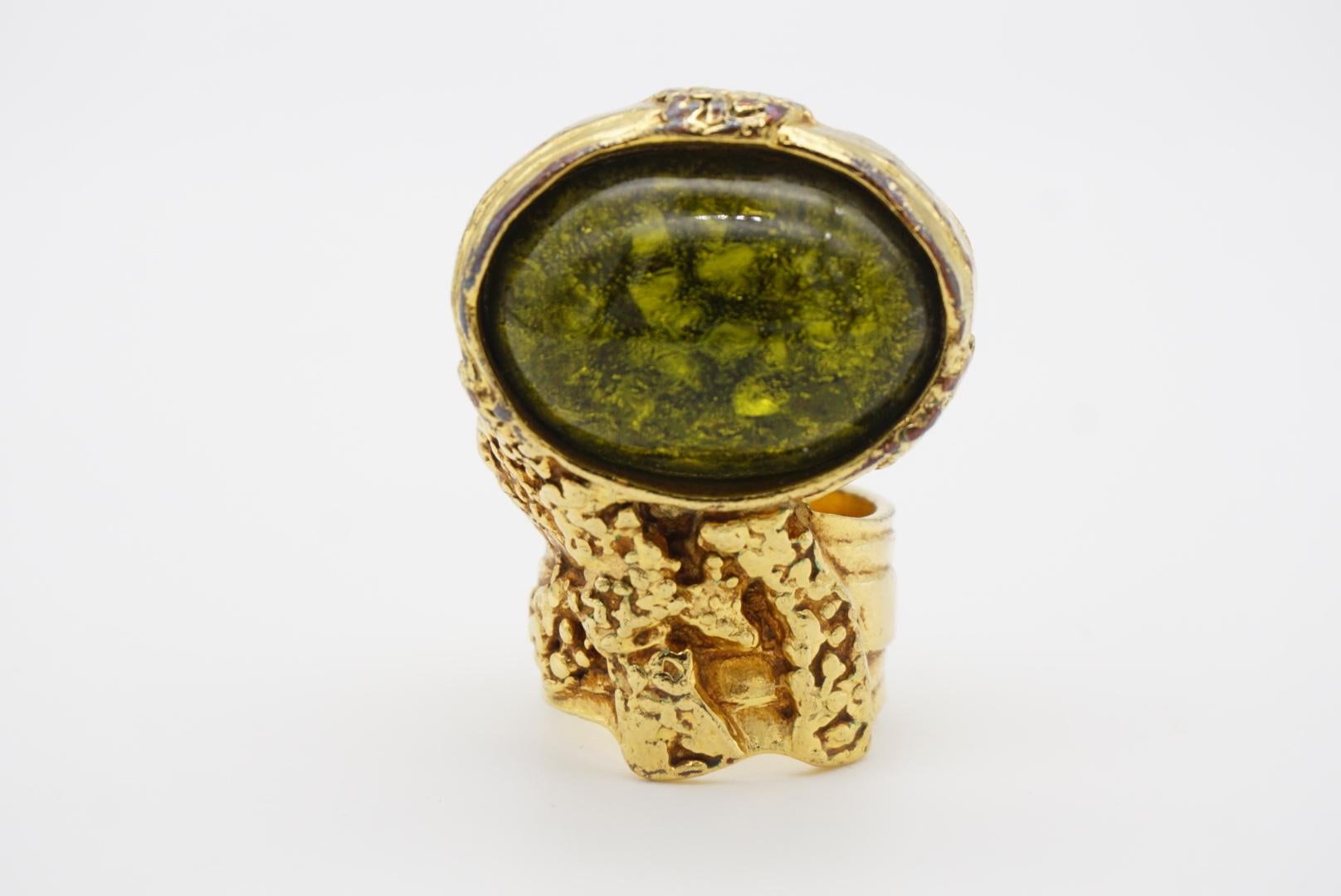 Women's or Men's Yves Saint Laurent YSL Arty Clear Green Yellow Cabochon Statement Ring, Size 7