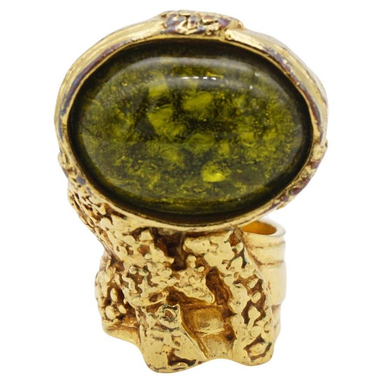 Yves Saint Laurent YSL Arty Clear Green Yellow Cabochon Statement Ring