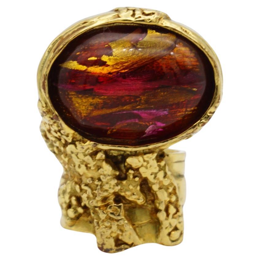 Yves Saint Laurent YSL Arty Clear Icy Ruby Foil Cabochon Statement Ring, Size 6 For Sale