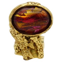 Retro Yves Saint Laurent YSL Arty Clear Icy Ruby Foil Cabochon Statement Ring, Size 6