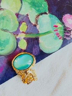 Yves Saint Laurent YSL Arty Clear Soft Green Statement Chunky Gold Ring, Size 6