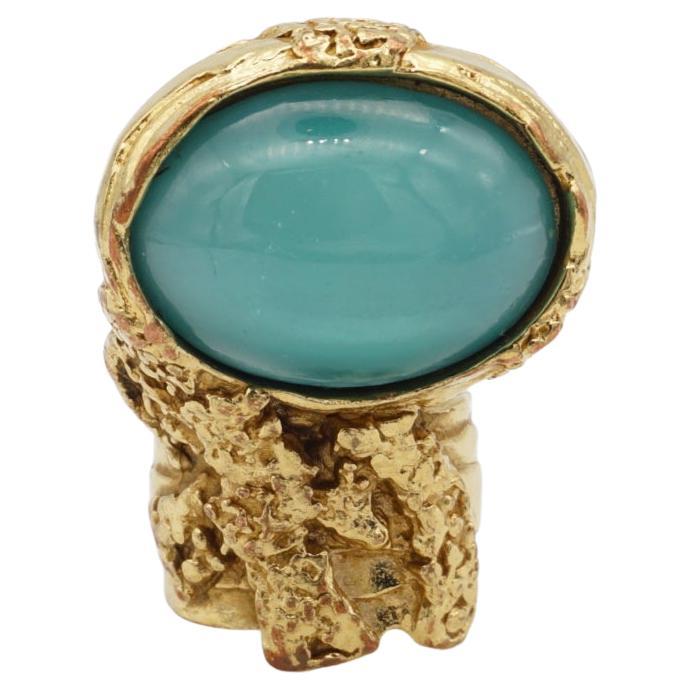 Yves Saint Laurent YSL Arty Clear Soft Green Statement Chunky Gold Ring, Size 6 For Sale
