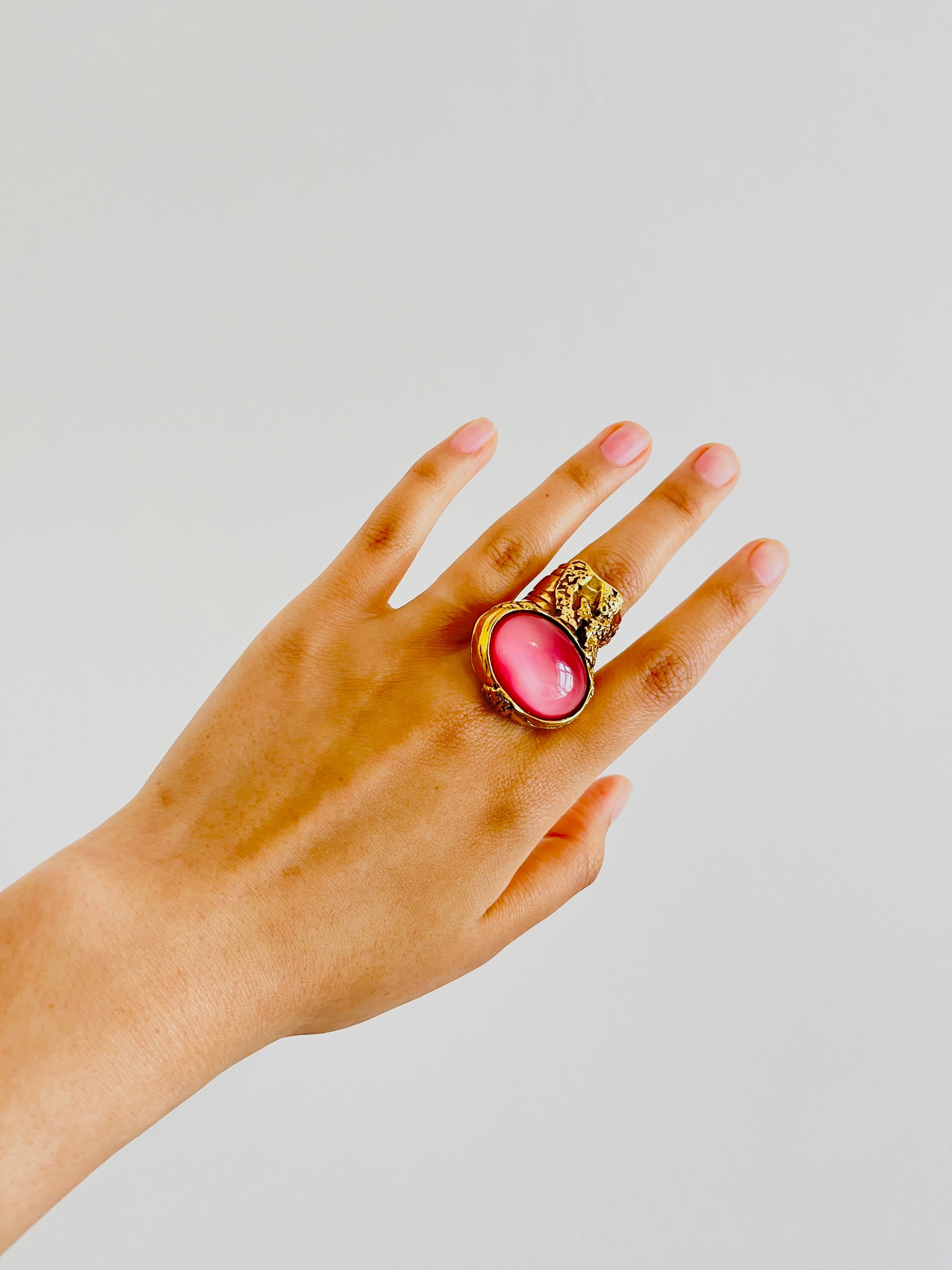 Art Nouveau Yves Saint Laurent YSL Arty Clear Soft Pink Cabochon Statement Gold Ring, Size 6 For Sale