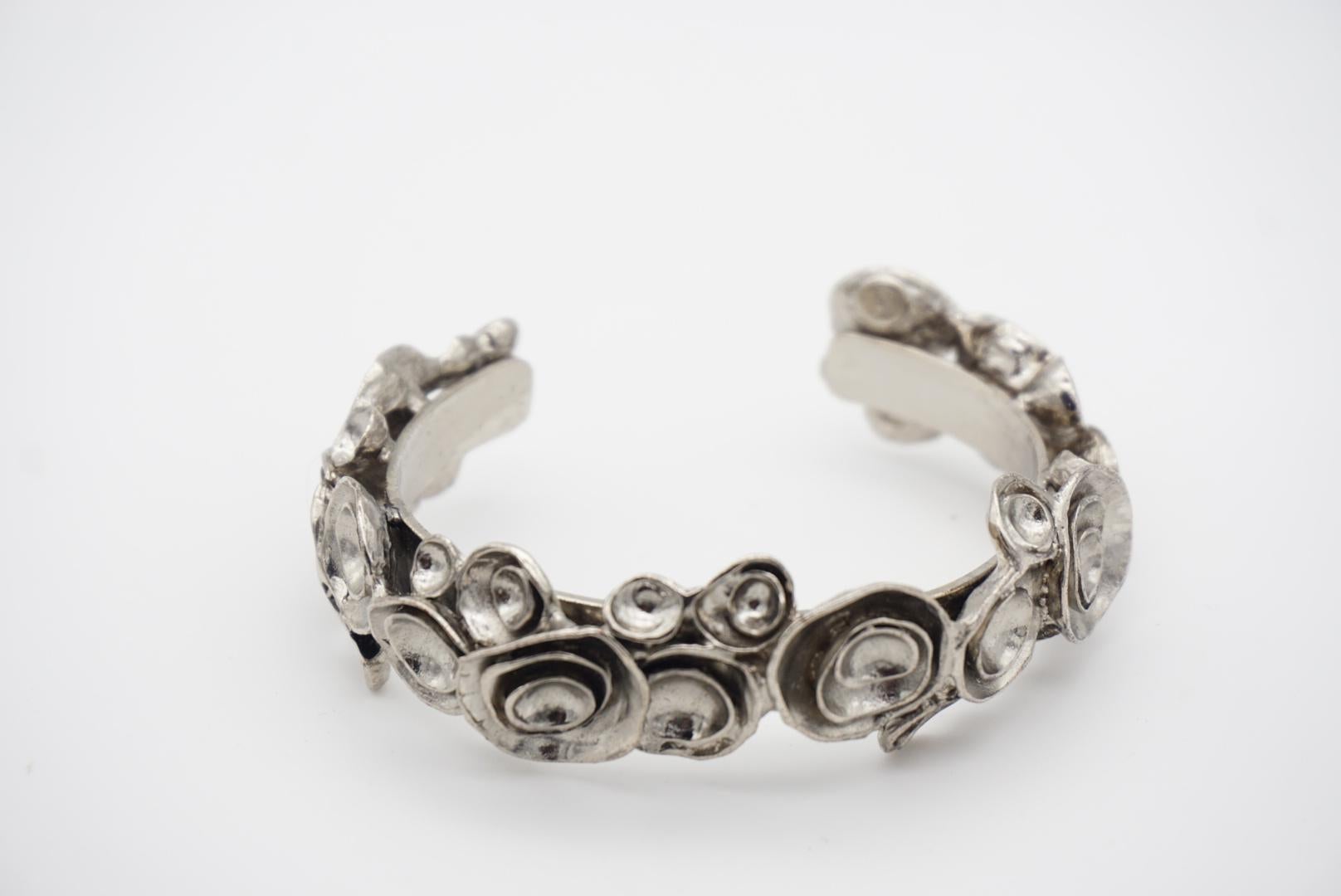 Yves Saint Laurent YSL Arty Cluster Flower Statement Chunky Cuff Silver Bracelet For Sale 8