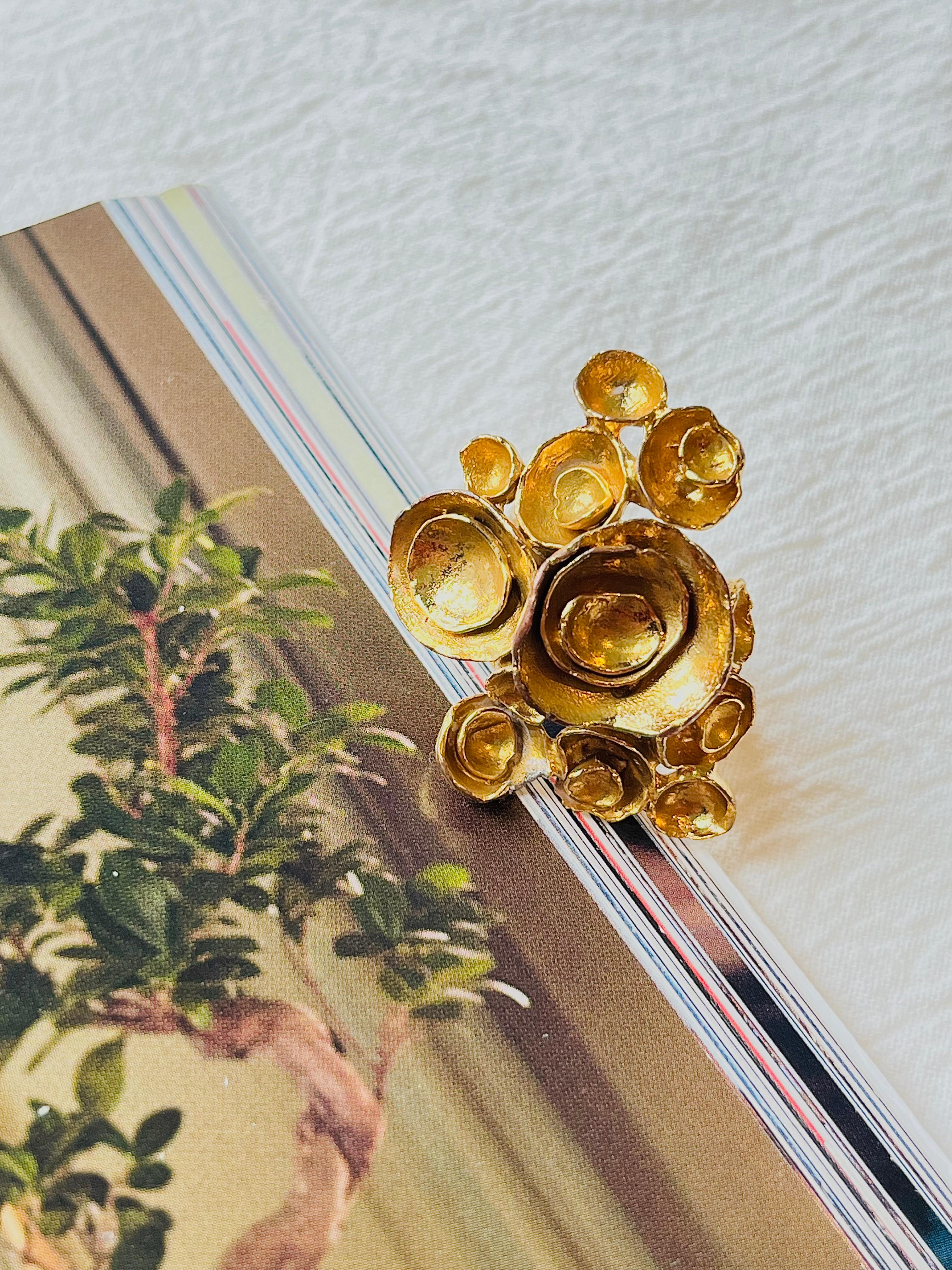 Art Deco Yves Saint Laurent YSL Arty Cluster Flowers Statement Chunky Gold Ring, Size 7