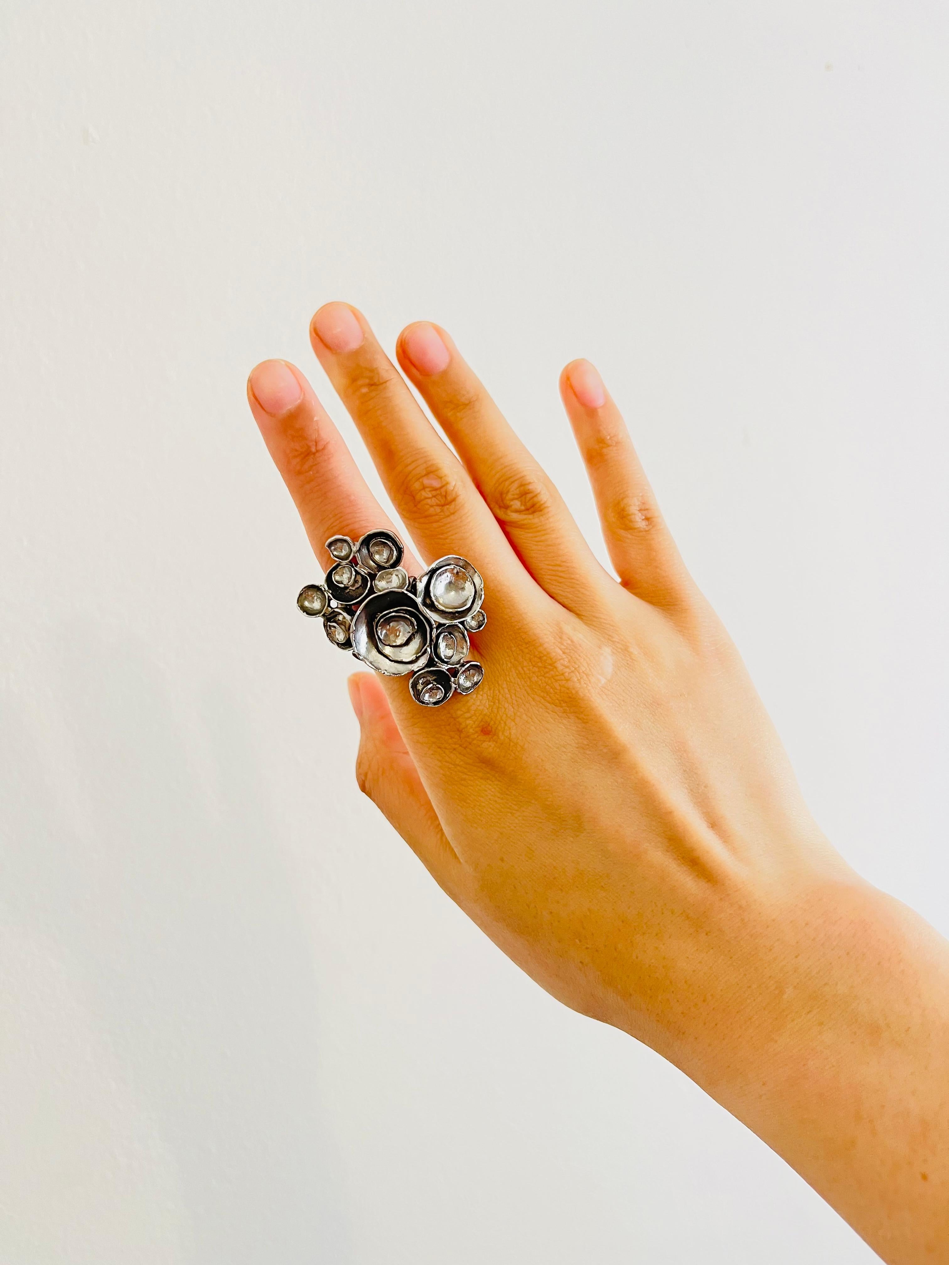 Yves Saint Laurent YSL Arty Cluster Flowers Statement Chunky Silver Ring, Size 7 In Excellent Condition In Wokingham, England