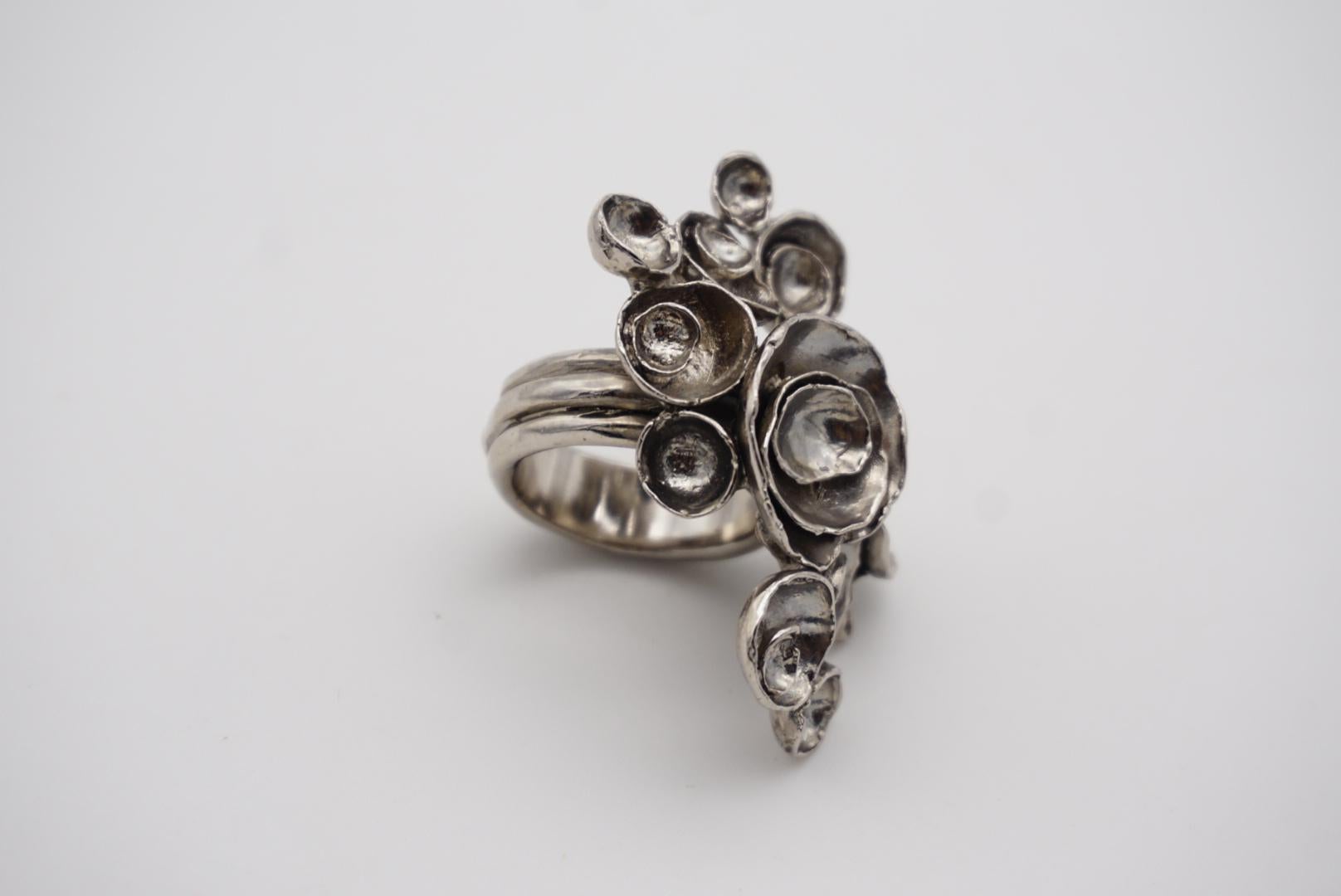 Yves Saint Laurent YSL Arty Cluster Flowers Statement Chunky Silver Ring, Size 7 3