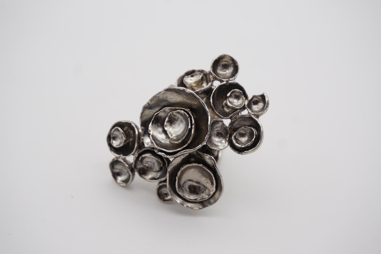 Yves Saint Laurent YSL Arty Cluster Flowers Statement Chunky Silver Ring, Size 7 4