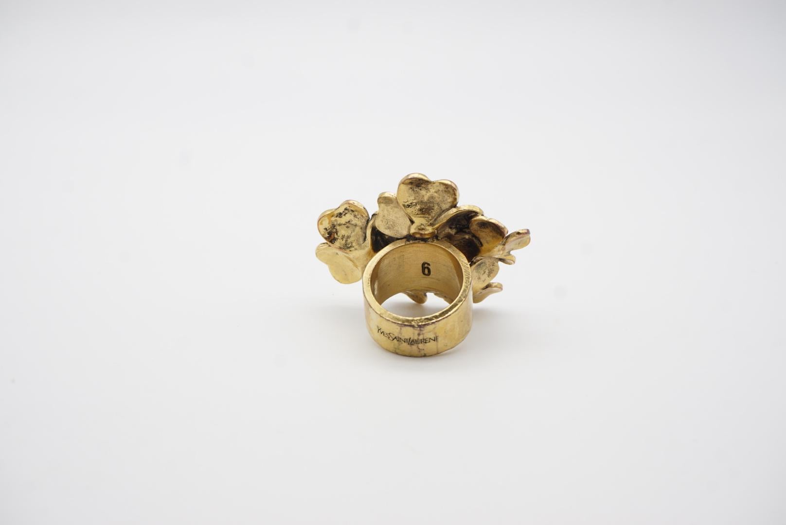 Yves Saint Laurent YSL Arty Cluster Leaf Floral Clover Chunky Gold Ring, Size 6 7
