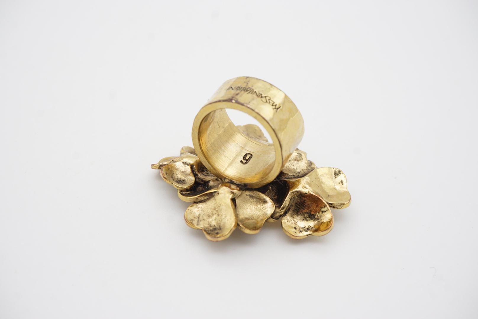 Yves Saint Laurent YSL Arty Cluster Leaf Floral Clover Chunky Gold Ring, Size 6 8