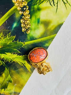 Yves Saint Laurent YSL Arty Coral Orange Marble Cabochon Chunky Gold Ring, US 7