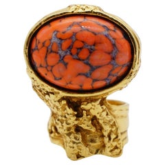 Yves Saint Laurent YSL Arty Coral Orange Marble Cabochon Chunky Gold Ring, US 7