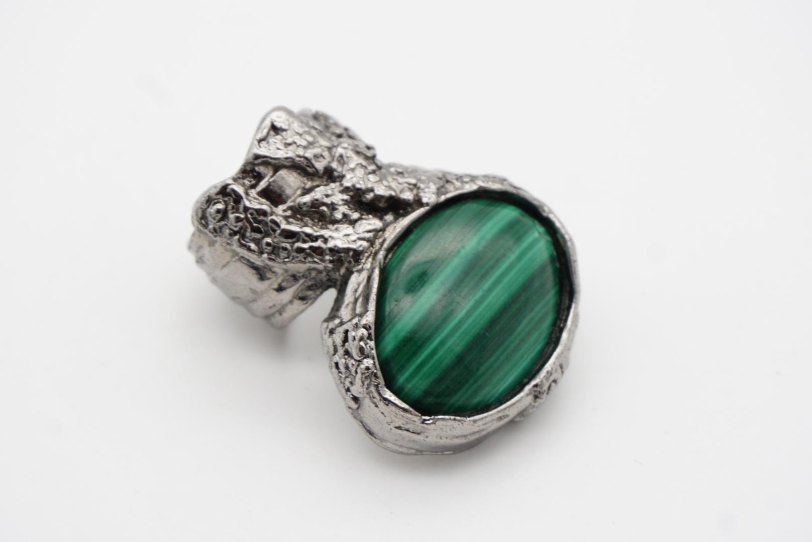 Yves Saint Laurent YSL Arty Dark Green Cabochon Statement Silver Ring, Size 6 5