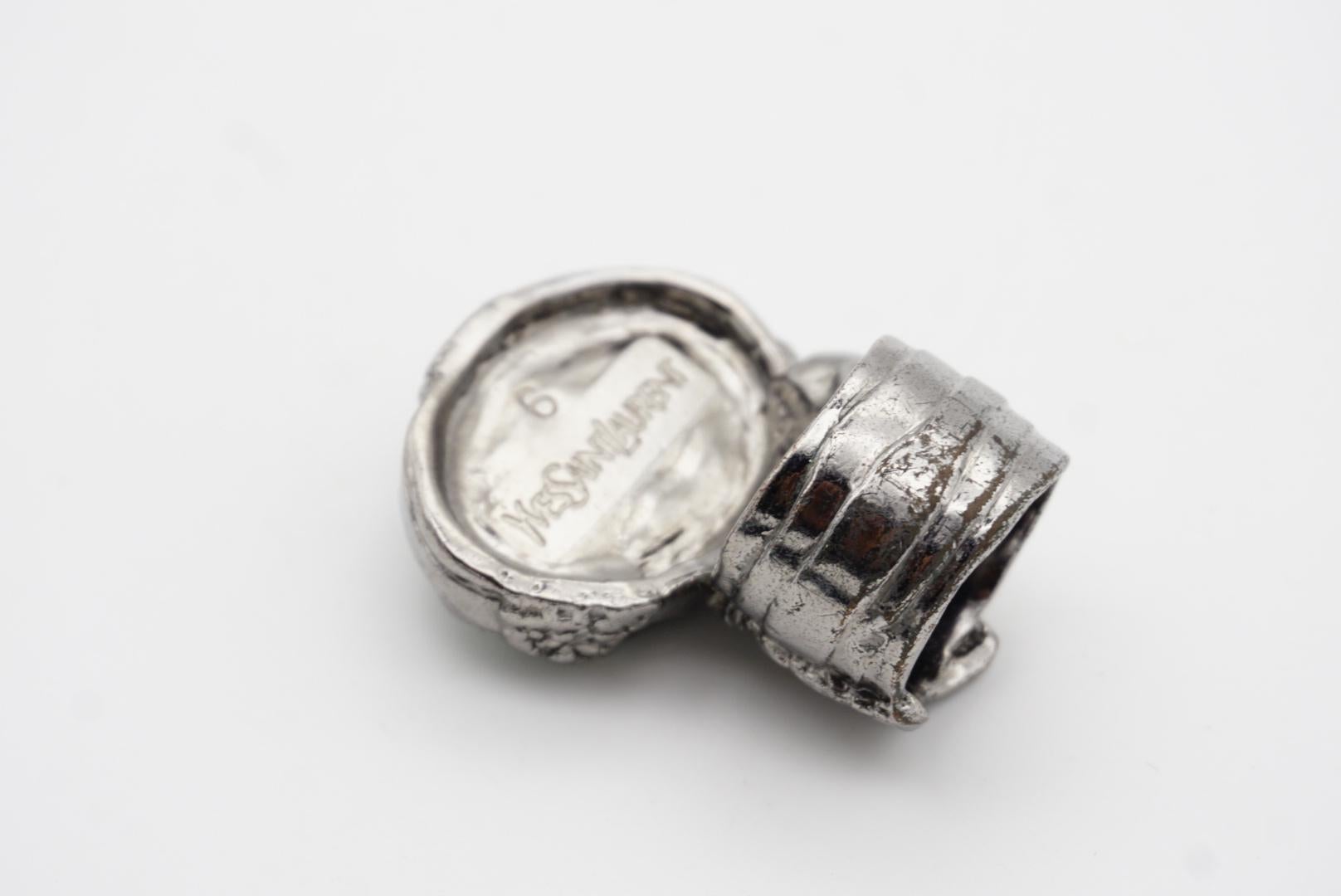 Yves Saint Laurent YSL Arty Dark Green Cabochon Statement Silver Ring, Size 6 6