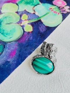 Yves Saint Laurent YSL Arty Dark Green Cabochon Statement Silver Ring Size 6