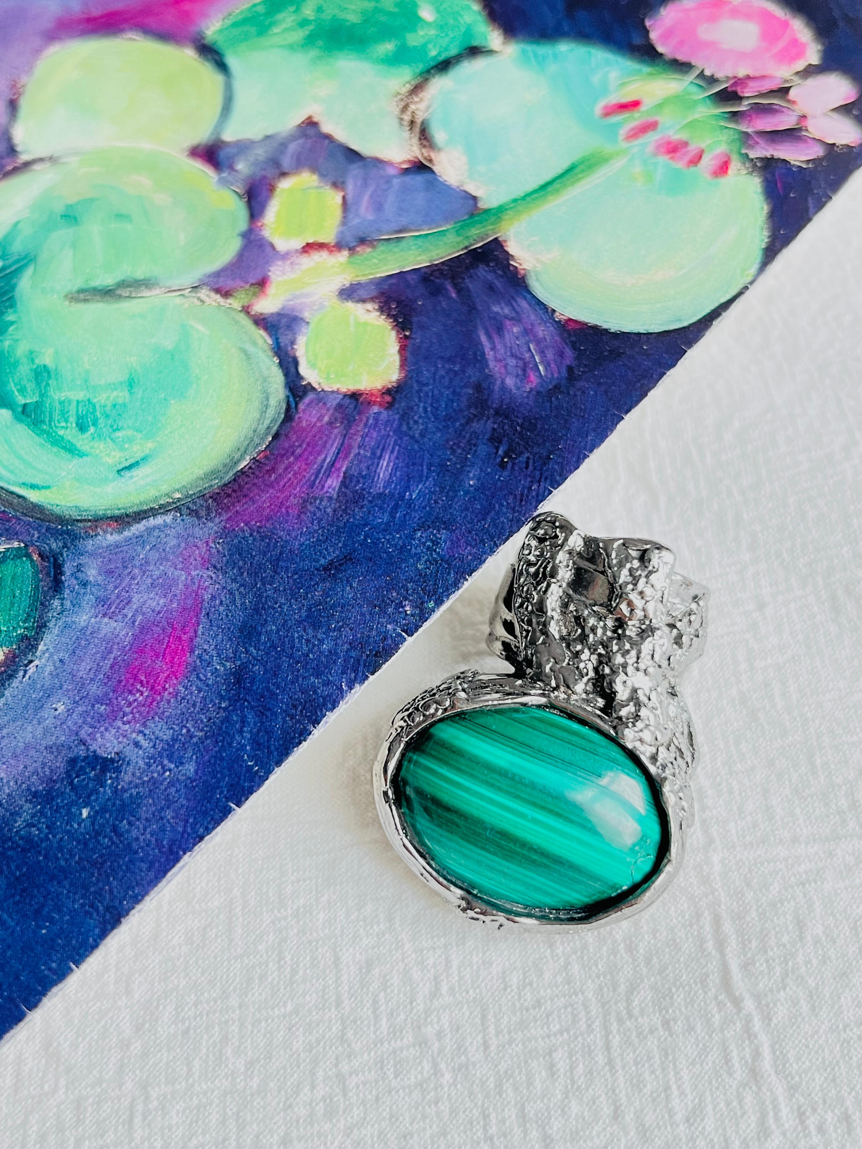 Art Nouveau Yves Saint Laurent YSL Arty Dark Green Cabochon Statement Silver Ring, Size 6