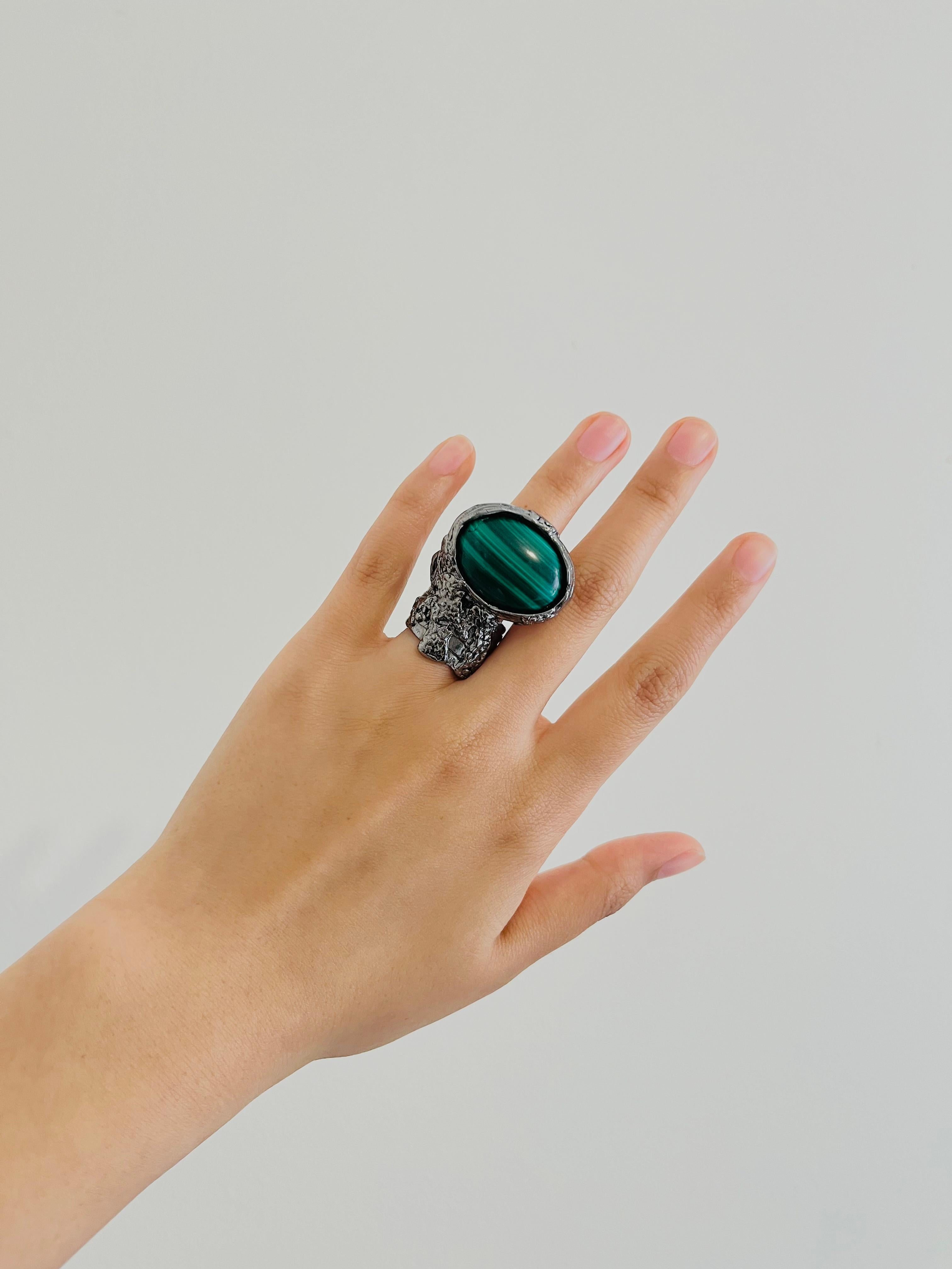 Art Nouveau Yves Saint Laurent YSL Arty Dark Green Cabochon Statement Silver Ring Size 6  For Sale