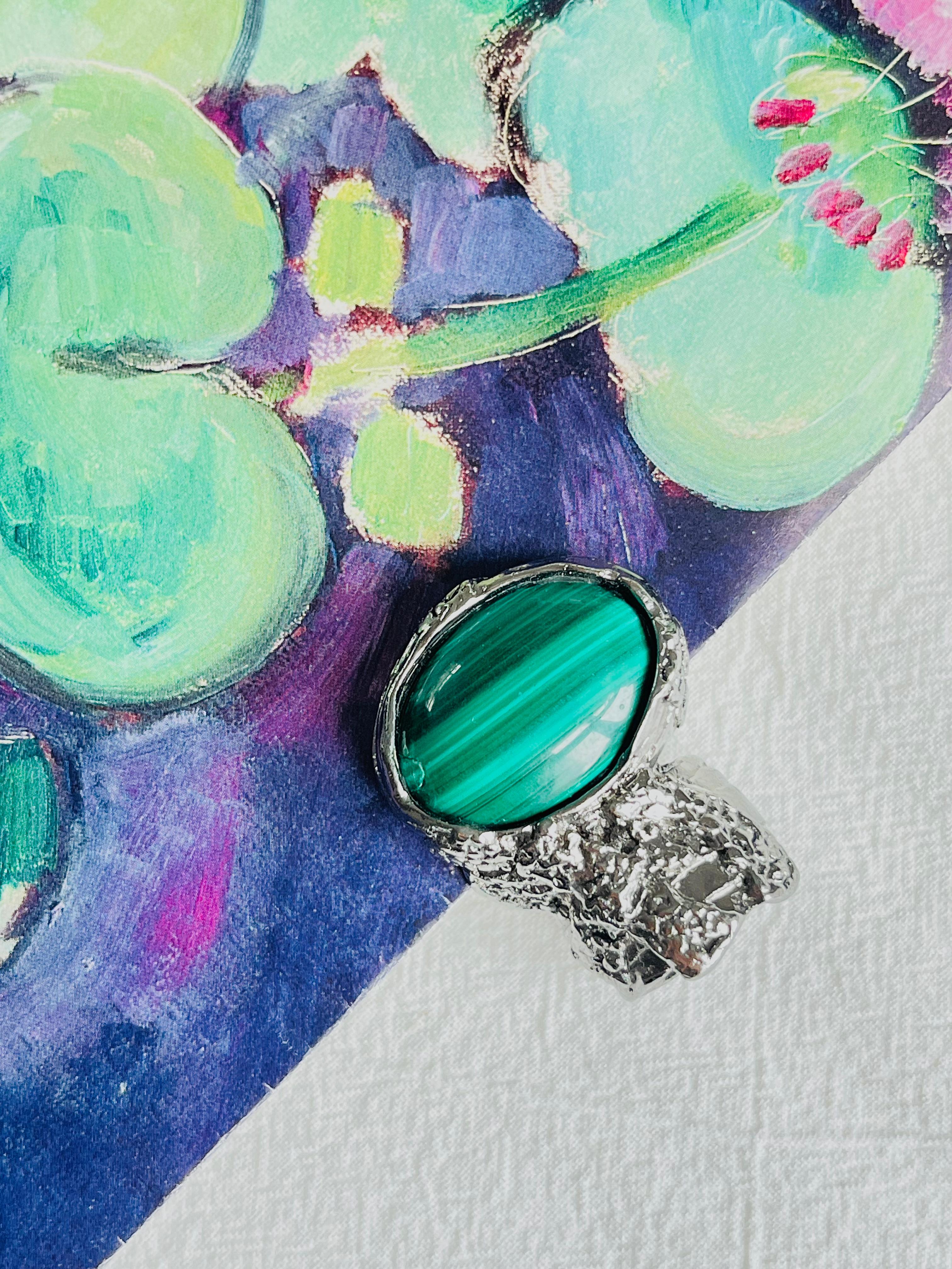 Yves Saint Laurent YSL Arty Dark Green Cabochon Statement Silver Ring, Size 6 In Excellent Condition In Wokingham, England