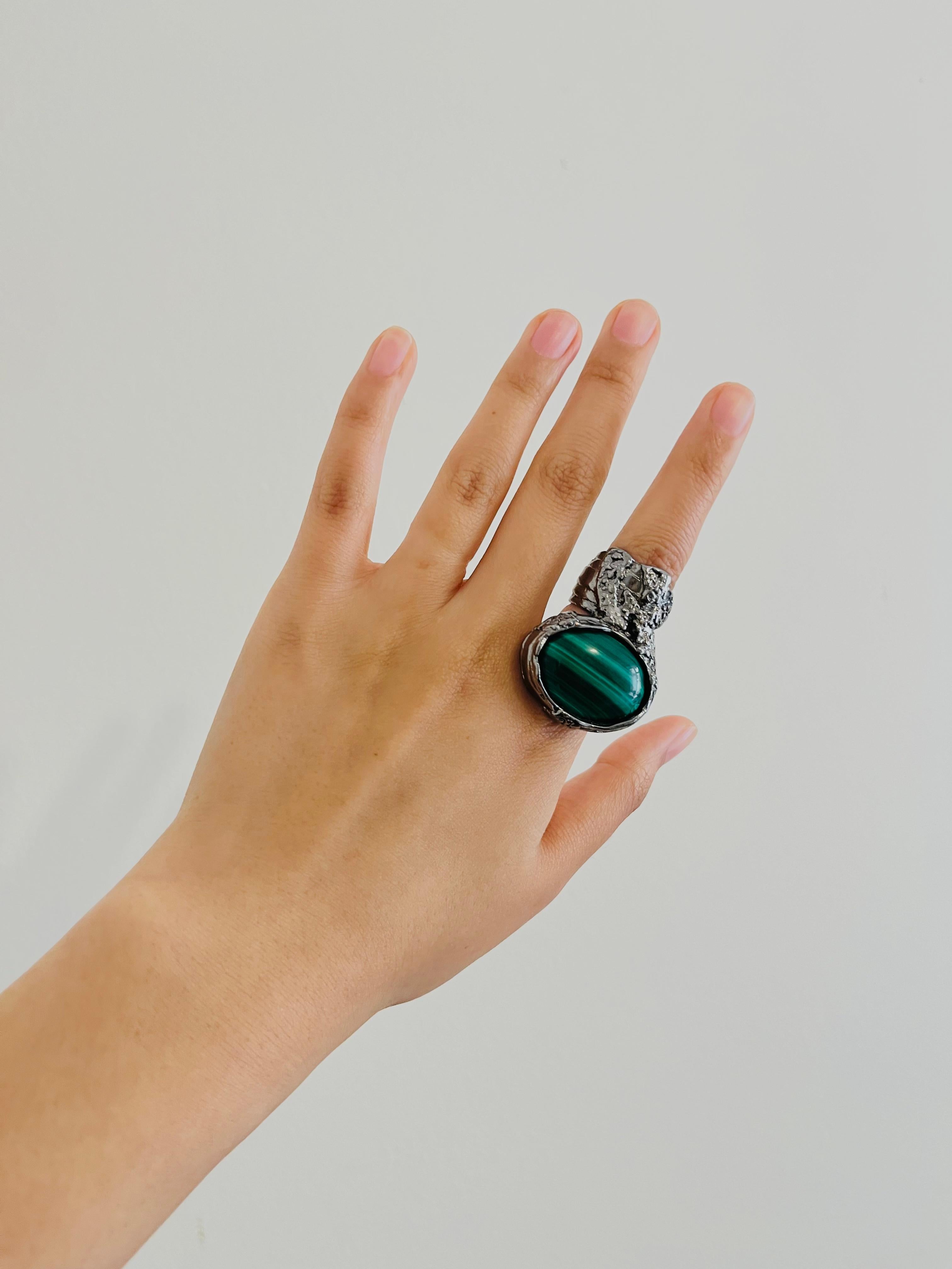 Yves Saint Laurent YSL Arty Dark Green Cabochon Statement Silver Ring, Size 6 1