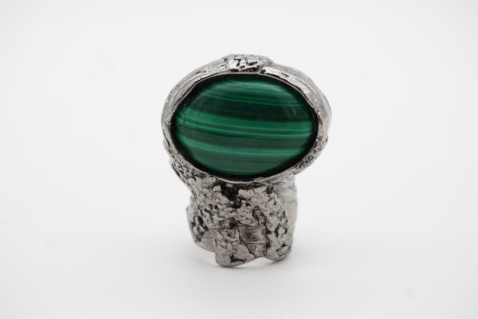 Yves Saint Laurent YSL Arty Dark Green Cabochon Statement Silver Ring, Size 6 2