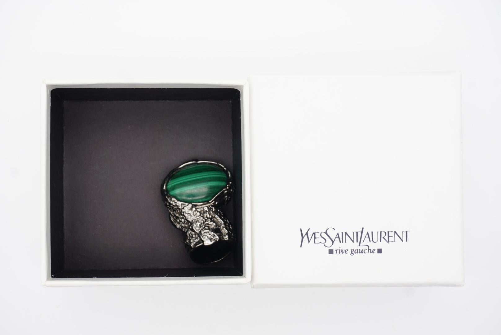 Yves Saint Laurent YSL Arty Dark Green Cabochon Statement Silver Ring, Size 6 3