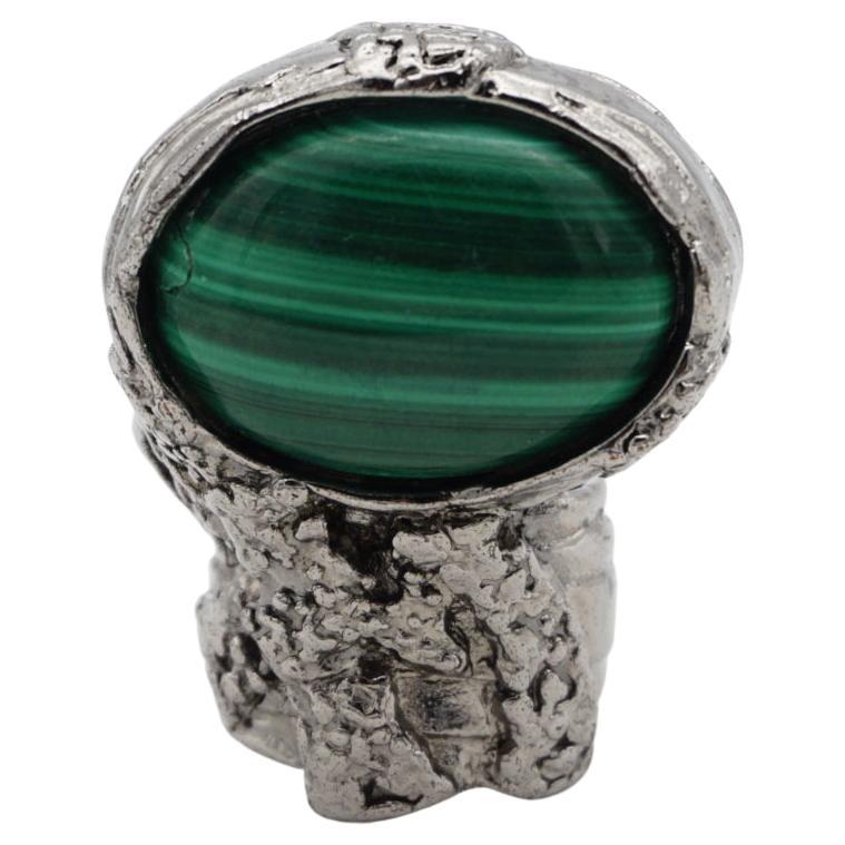 Yves Saint Laurent YSL Arty Dark Green Cabochon Statement Silver Ring Size 6  For Sale