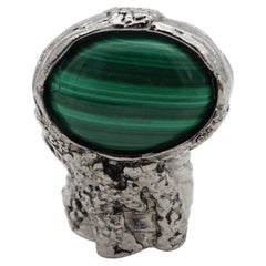 Yves Saint Laurent YSL Arty Dark Green Cabochon Statement Silver Ring, Size 6