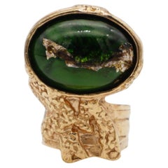 Yves Saint Laurent YSL Arty Dark Green Foil Cabochon Chunky Ring US 8, Pink Gold