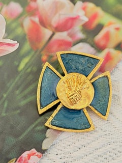 Yves Saint Laurent YSL Arty Gold Green Blue Maltese Cross Thistle Pendant Brooch