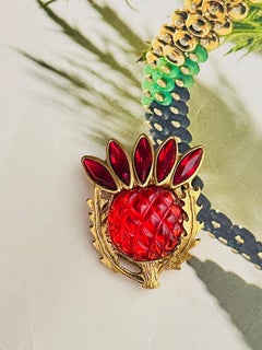 Yves Saint Laurent YSL Arty Gold Gripoix Red Ruby Thistle Chunky Brooch Pendant