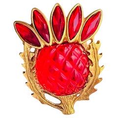 Yves Saint Laurent YSL Arty Gold Gripoix Red Ruby Thistle Chunky Brooch Pendant