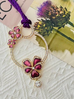 Yves Saint Laurent YSL Arty Gold Huge Purple Pansy Tassel Hoop Long Necklace