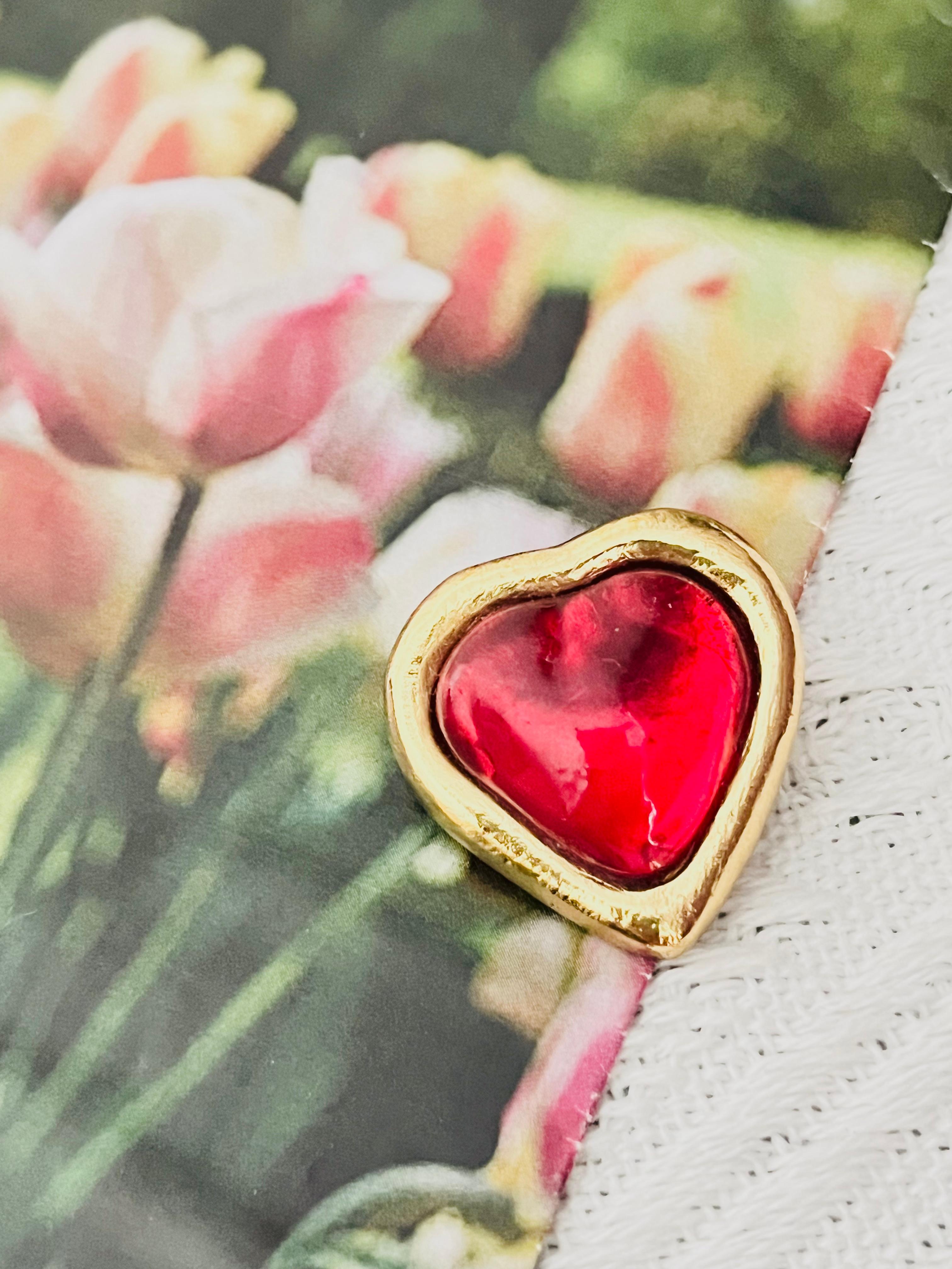 Art Deco Yves Saint Laurent YSL Arty Gripoix Clear Ruby Red Heart Love Cabochon Brooch