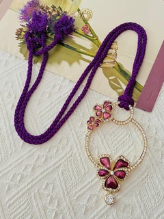 Yves Saint Laurent YSL Arty Huge Purple Pansy Crystal Hoop Tassel Long Necklace