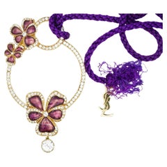 Yves Saint Laurent YSL Arty Huge Purple Pansy Crystal Hoop Tassel Long Necklace