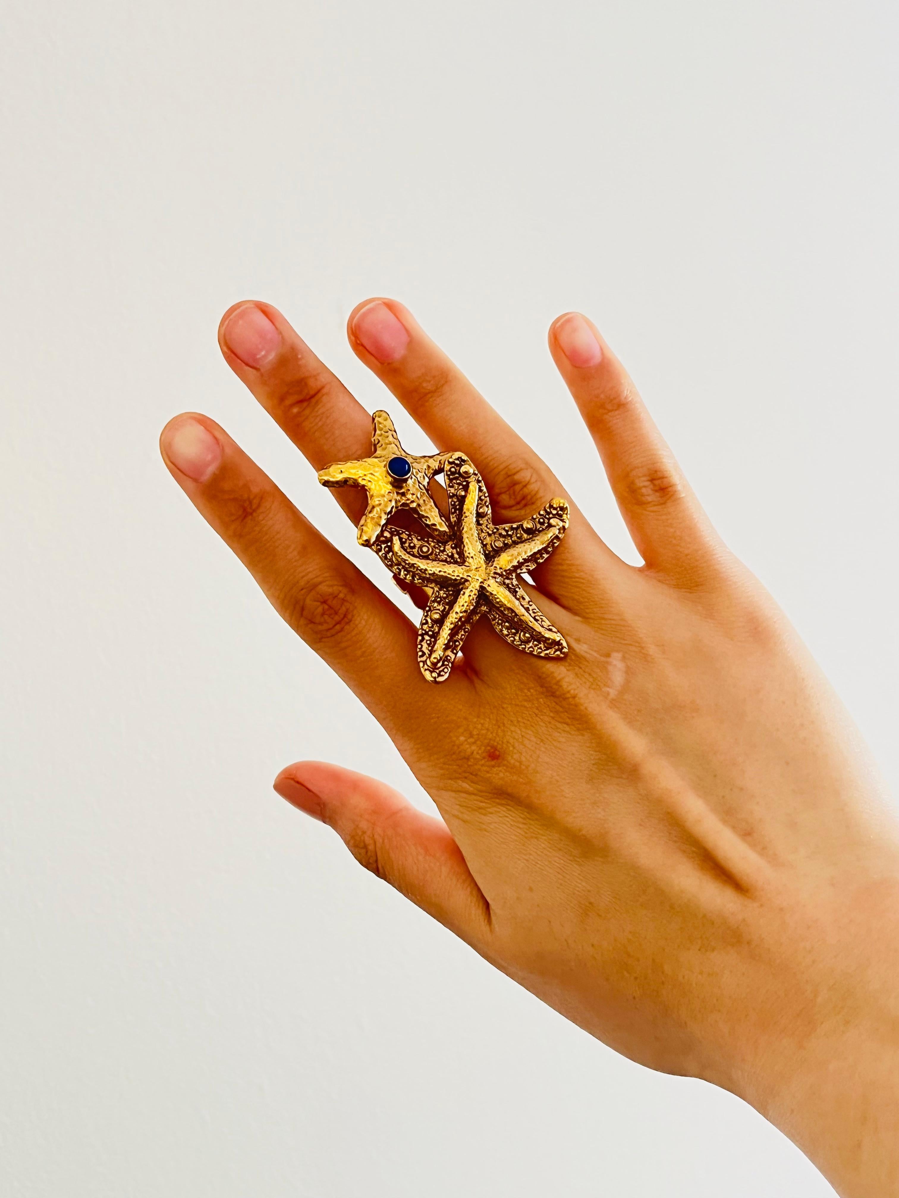 Art Nouveau Yves Saint Laurent YSL Arty Large Double Starfish Navy Dots Statement Ring, US 7 For Sale