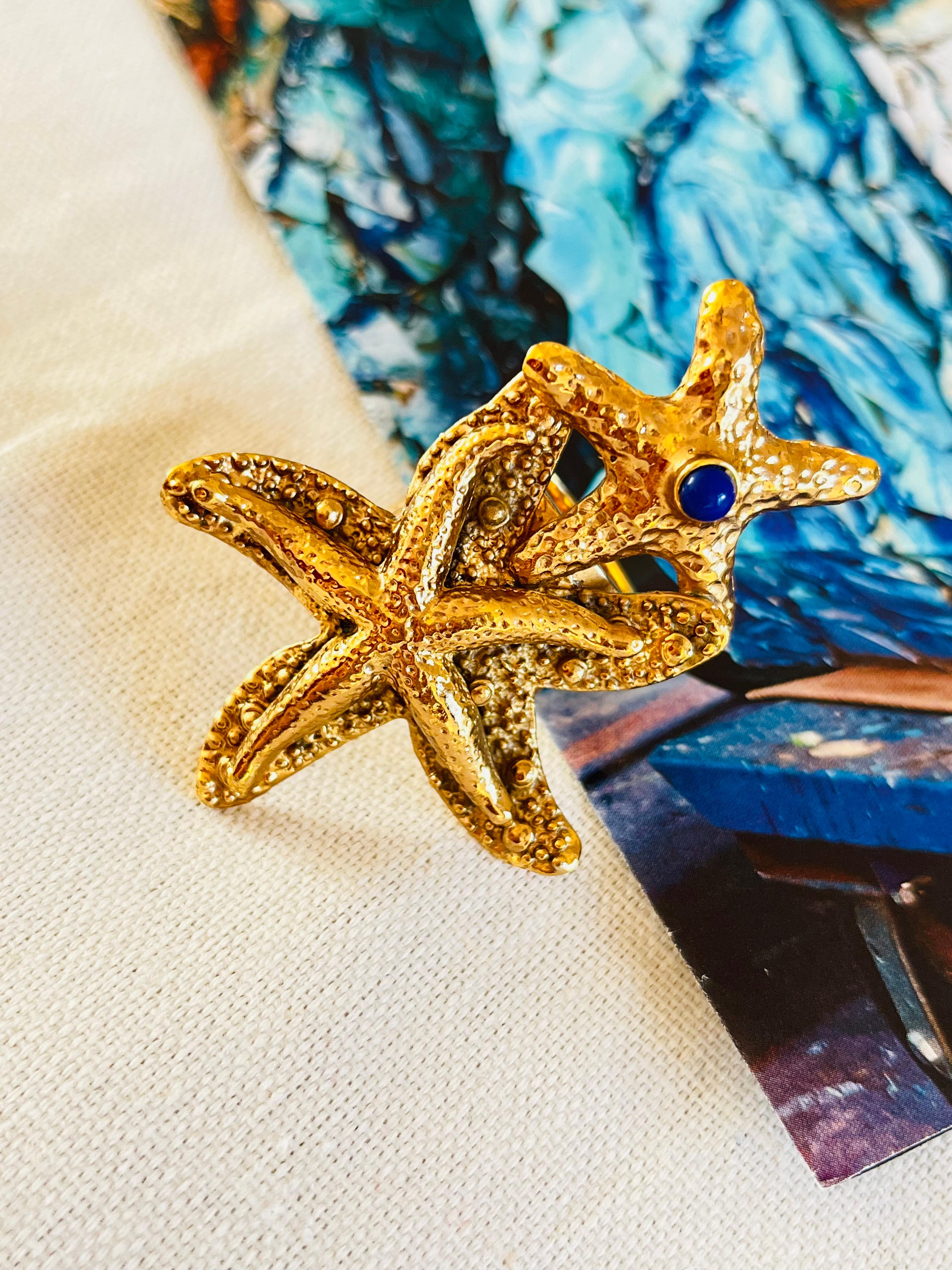 Art Nouveau Yves Saint Laurent YSL Arty Large Double Starfish Statement Navy Dot Ring, US 6 For Sale