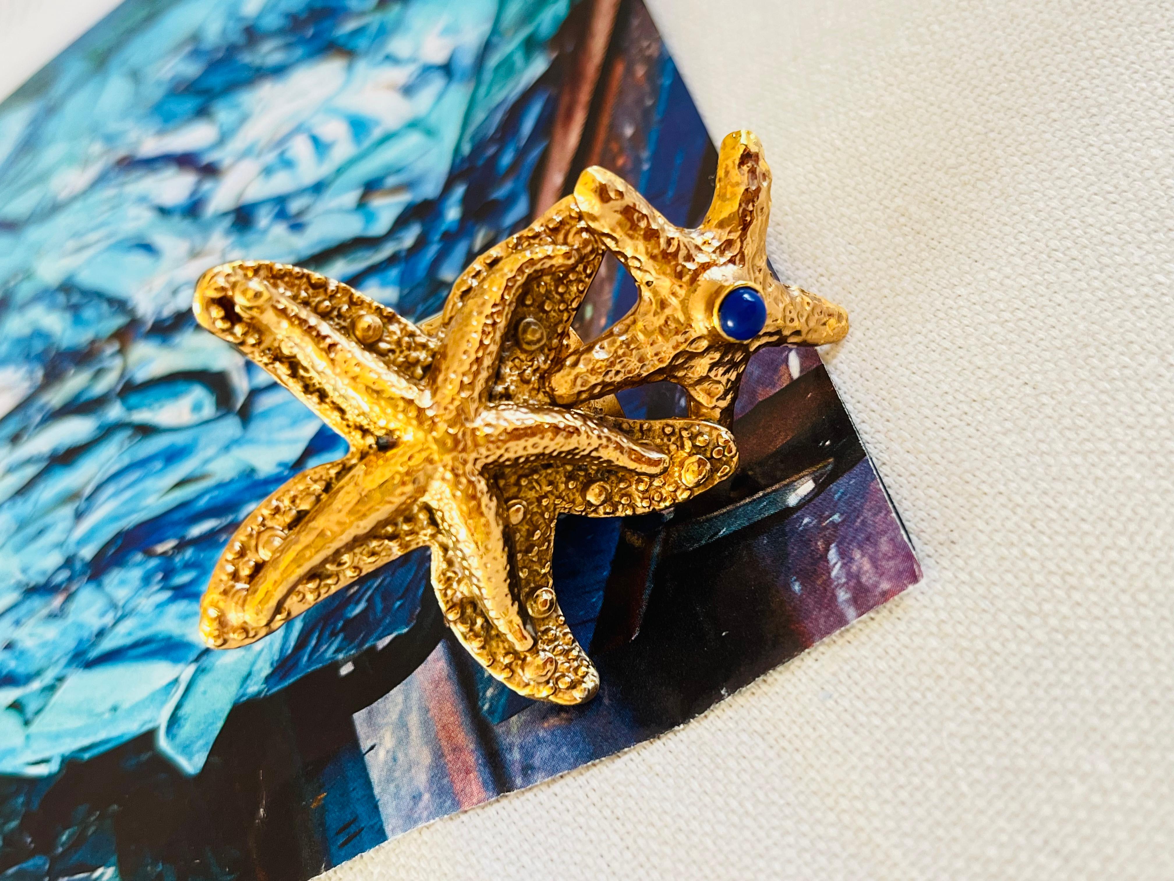 Art Nouveau Yves Saint Laurent YSL Arty Large Double Starfish Statement Navy Dot Ring, US 6 in vendita