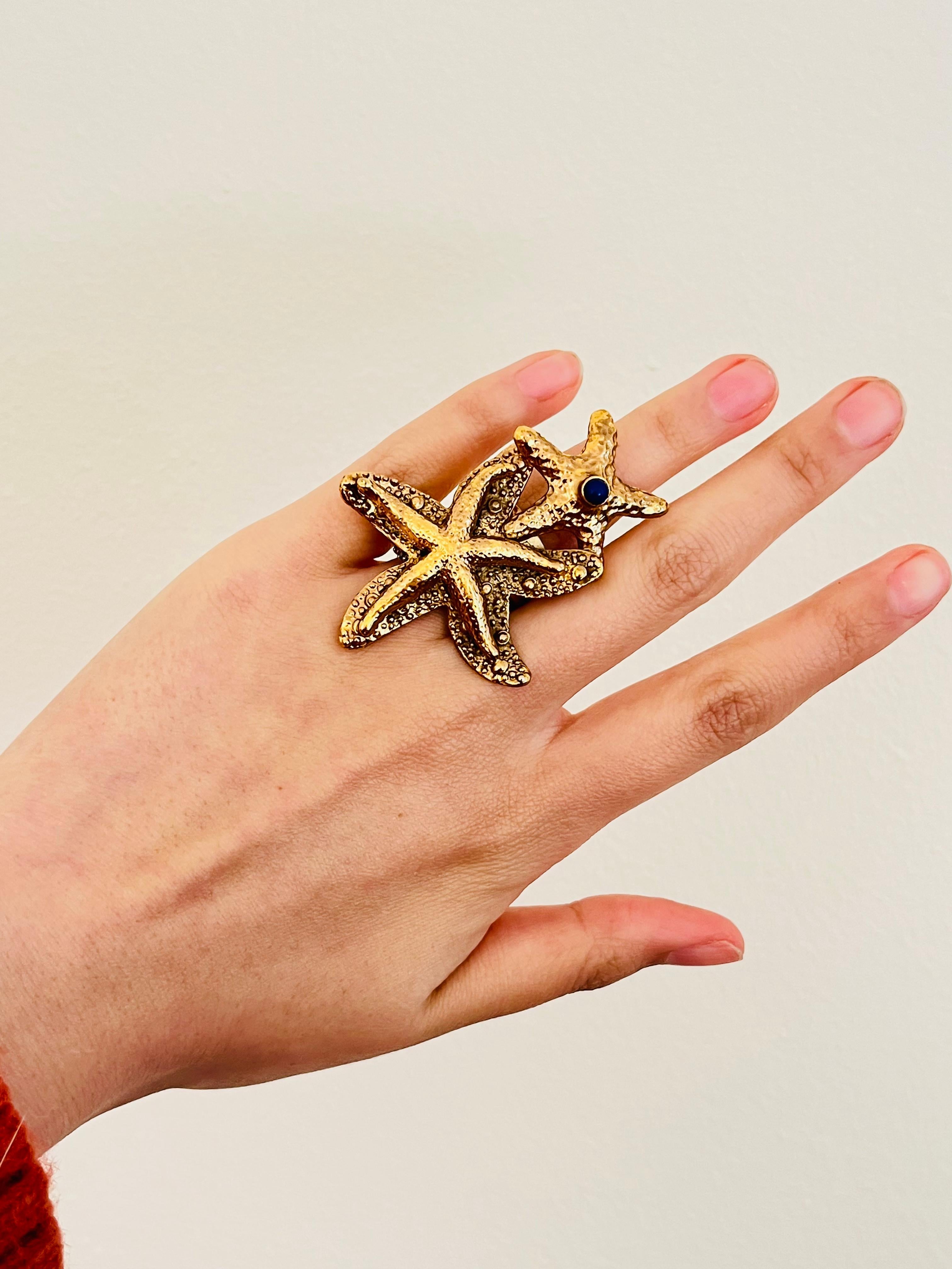 Yves Saint Laurent YSL Arty Large Double Starfish Statement Navy Dot Ring, US 6 In Excellent Condition For Sale In Wokingham, England