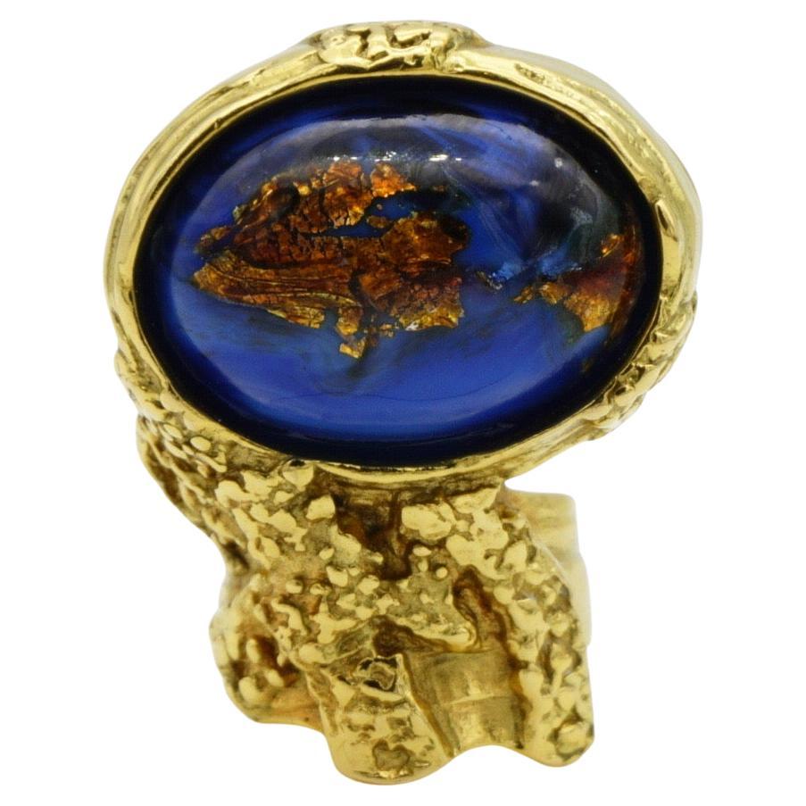 Yves Saint Laurent YSL Arty Large Foil Lapis Navy Cabochon Cocktail Ring, US 5 For Sale