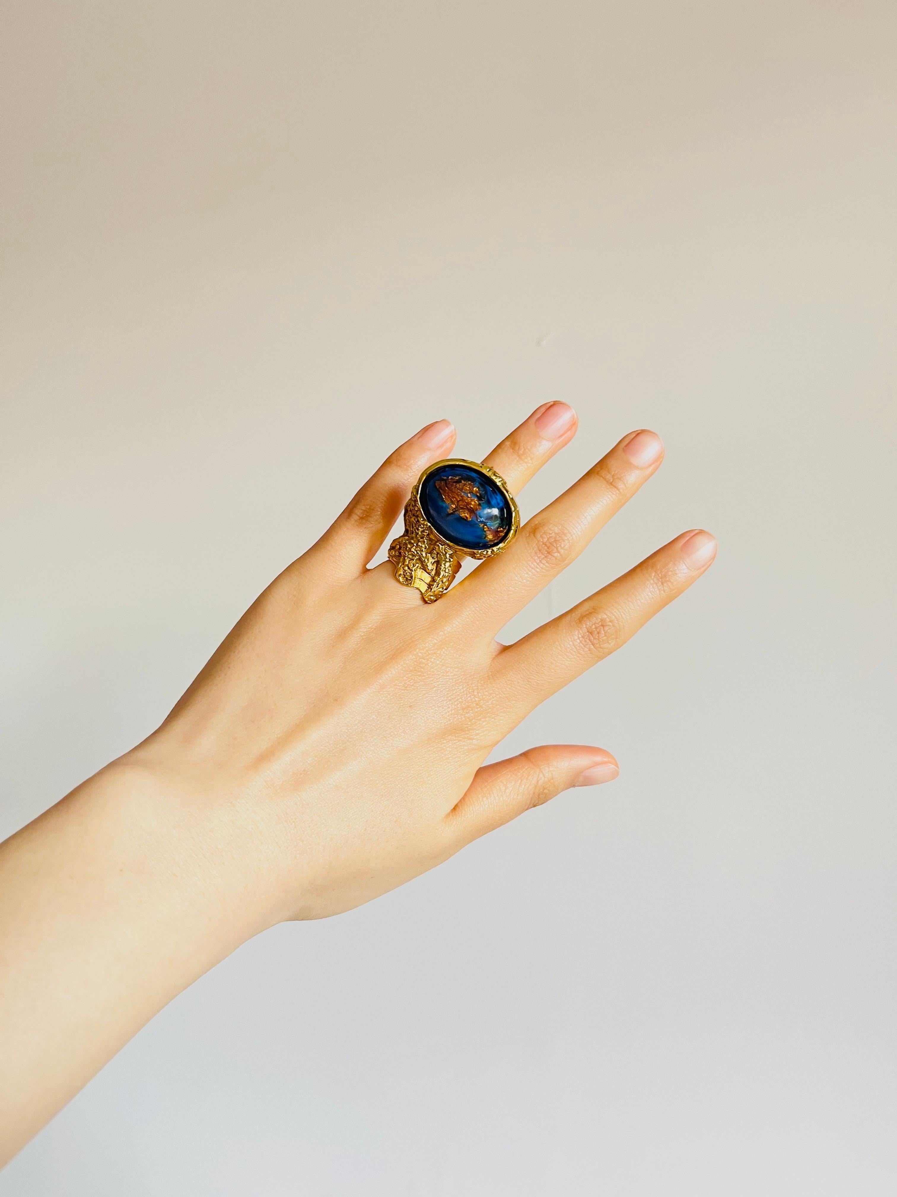 Women's or Men's Yves Saint Laurent YSL Arty Large Lapis Navy Cabochon Foil Cocktail Ring, US 5 For Sale