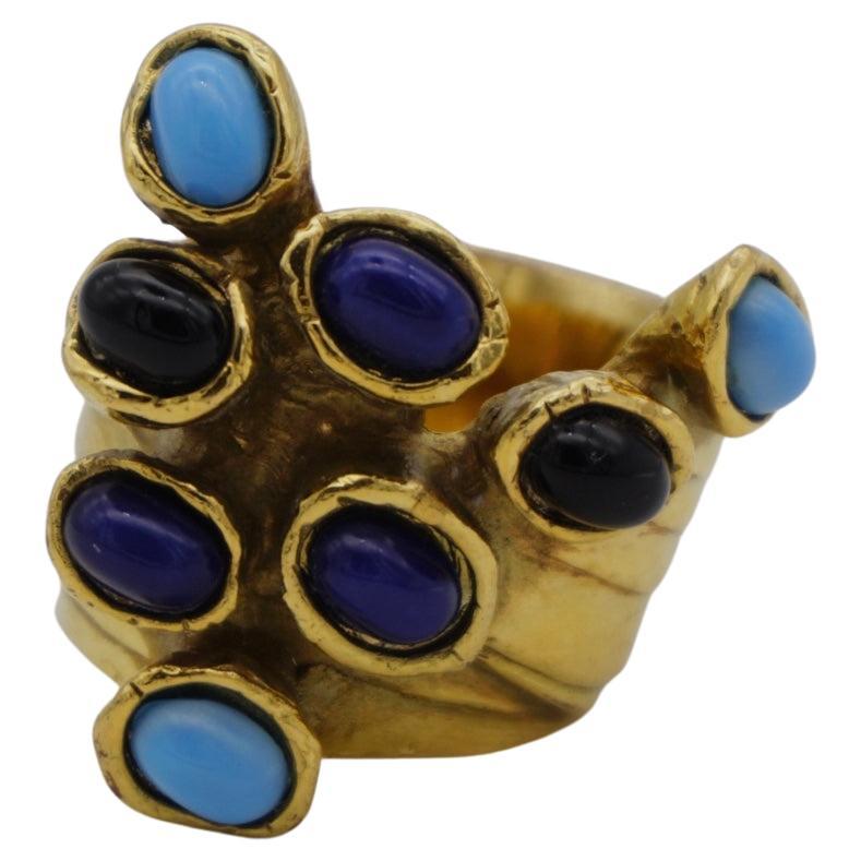 Yves Saint Laurent YSL Arty Navy Blue Black Dots Enamel Chunky Gold Ring, Size 7 For Sale