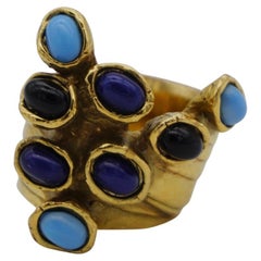 Yves Saint Laurent YSL Arty Navy Blue Black Dots Enamel Chunky Gold Ring, Size 7