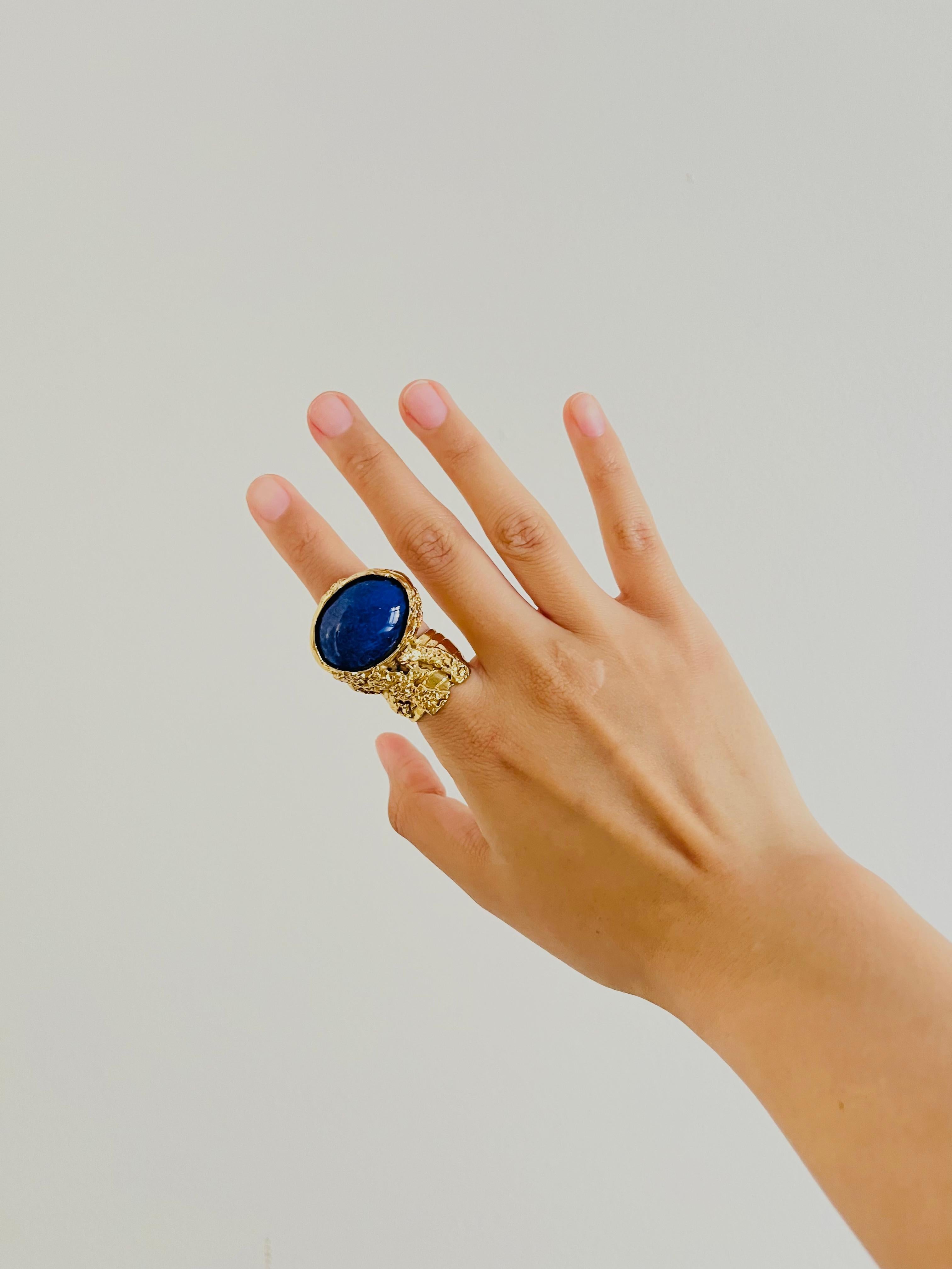 Yves Saint Laurent YSL Arty Navy Blue Cabochon Statement Chunky Gold Ring, US 8 In Excellent Condition In Wokingham, England