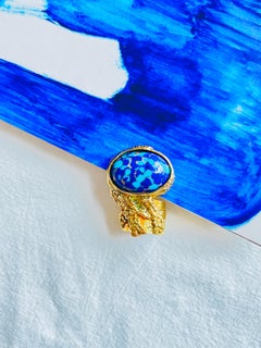 Yves Saint Laurent YSL Arty Navy Blue Dots Mosaic Statement Gold Ring, Size 5