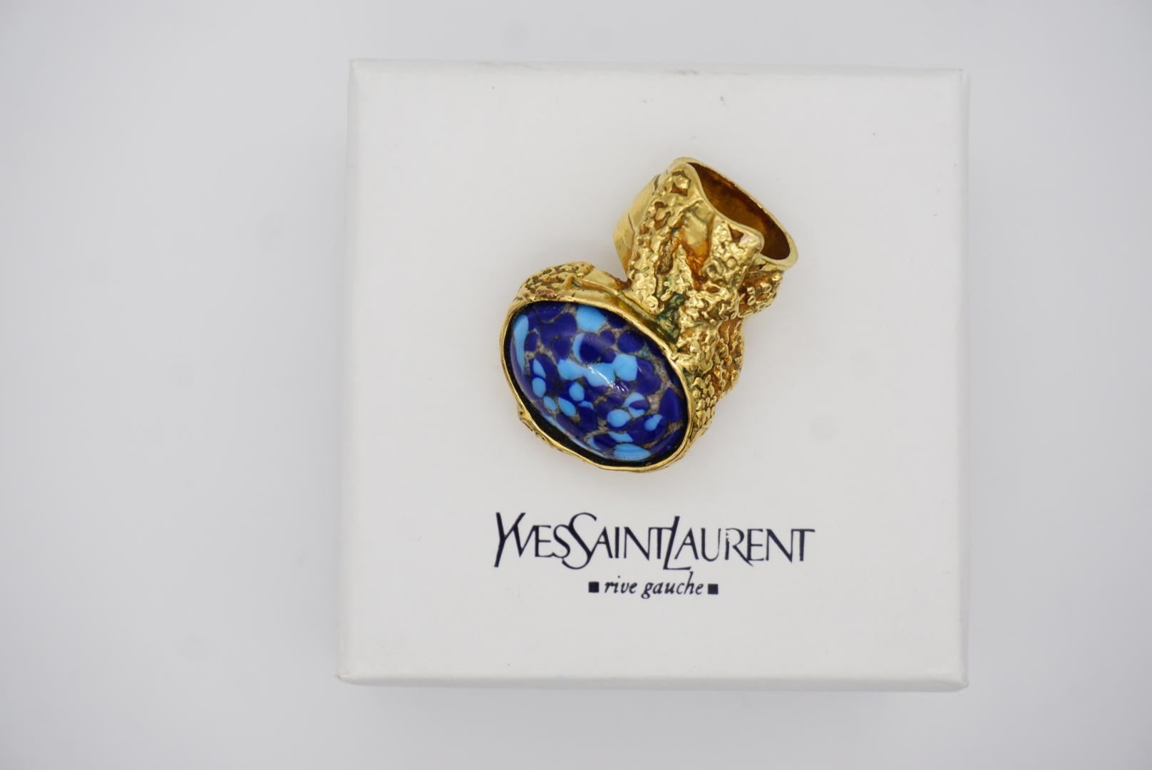 Yves Saint Laurent YSL Arty Navy Blue Dots Mosaic Statement Gold Ring, Size 5 2