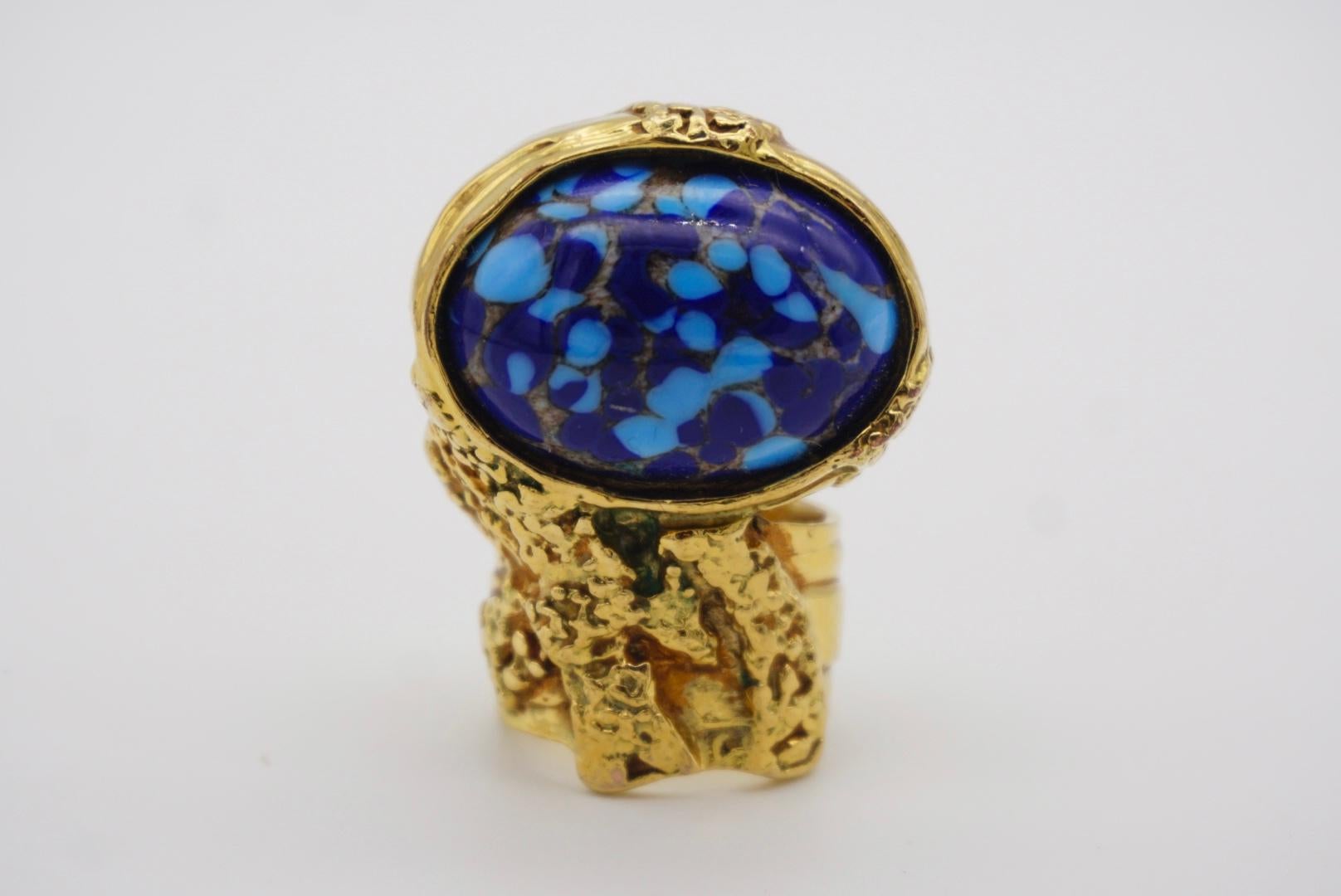 Yves Saint Laurent YSL Arty Navy Blue Dots Mosaic Statement Gold Ring, Size 5 3