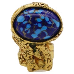 Yves Saint Laurent YSL Arty Navy Blue Dots Mosaic Statement Gold Ring, Size 5