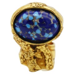 Yves Saint Laurent YSL Arty Navy Blue Dots Mosaic Statement Gold Ring, Size 7