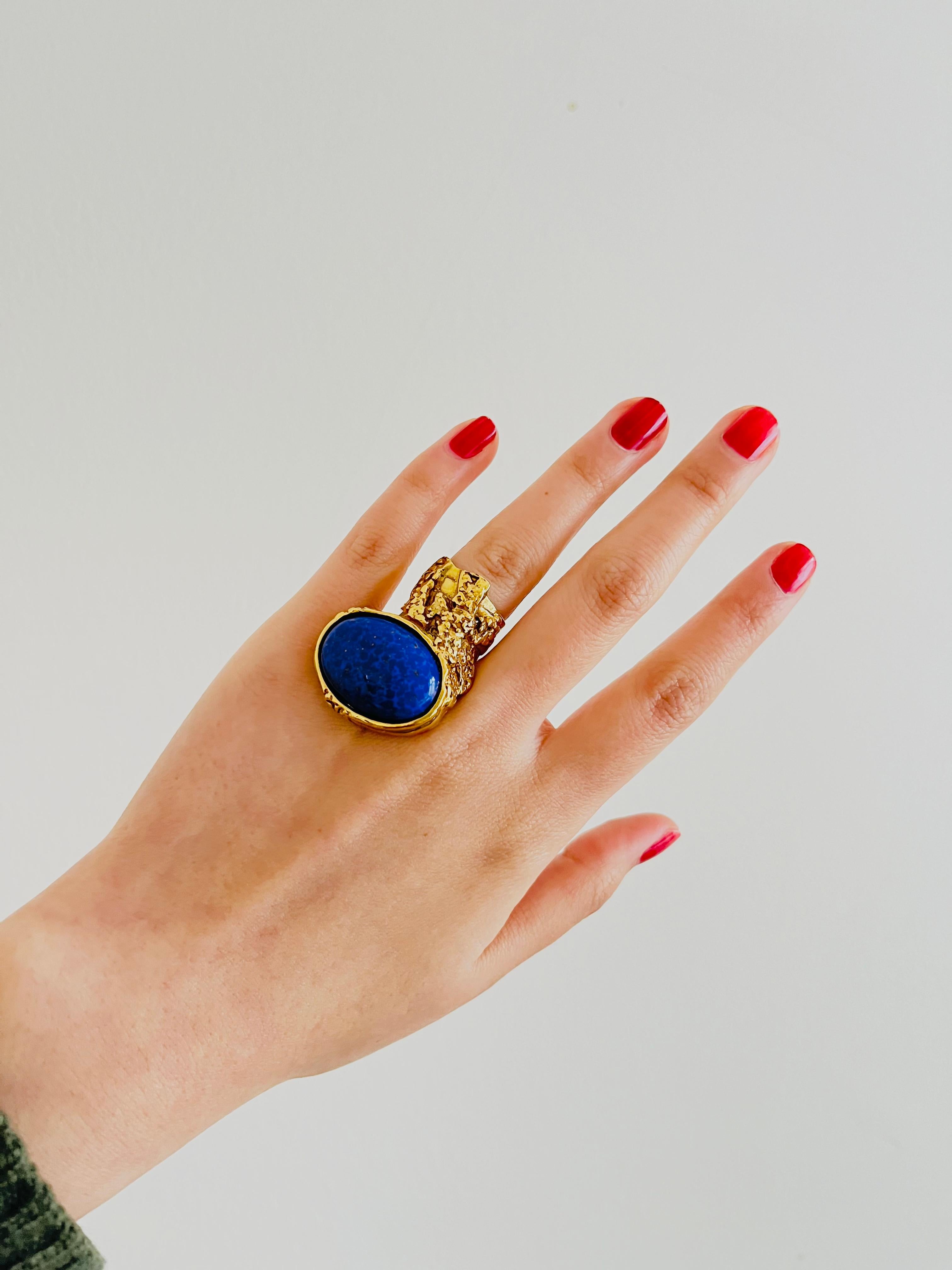Art Deco Yves Saint Laurent YSL Arty Navy Blue Statement Enamel Chunky Gold Ring, Size 4 For Sale